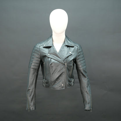 Black leather biker jacket with lapel collar and asymmetrical zip.