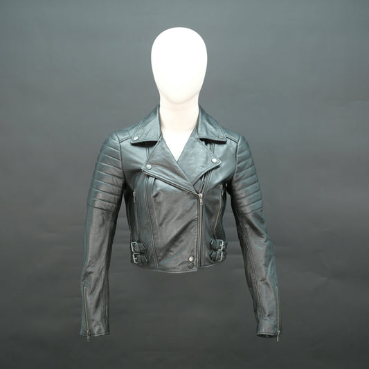 Black leather biker jacket with lapel collar and asymmetrical zip.