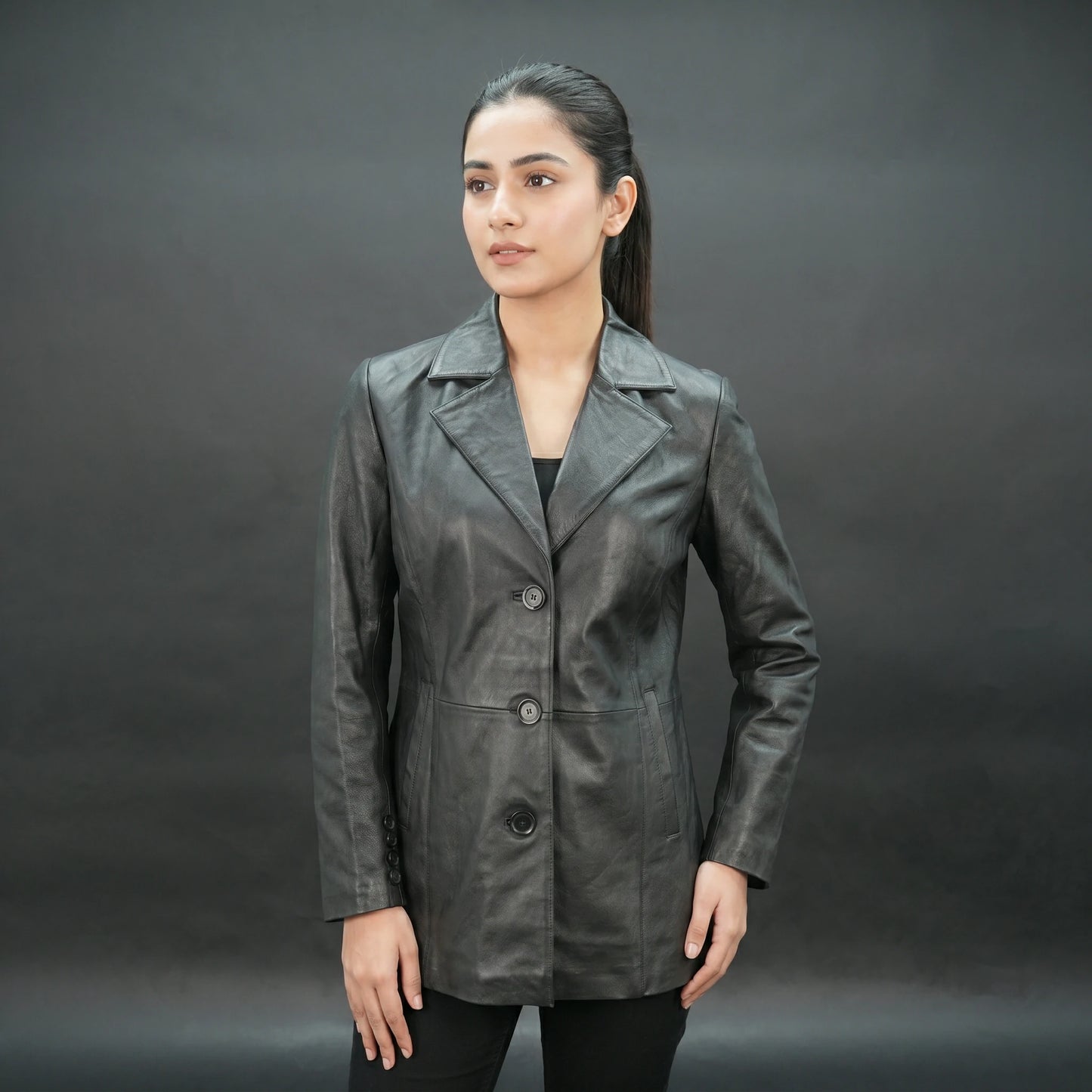 Men black leather blazer with notch lapel and three-button closure