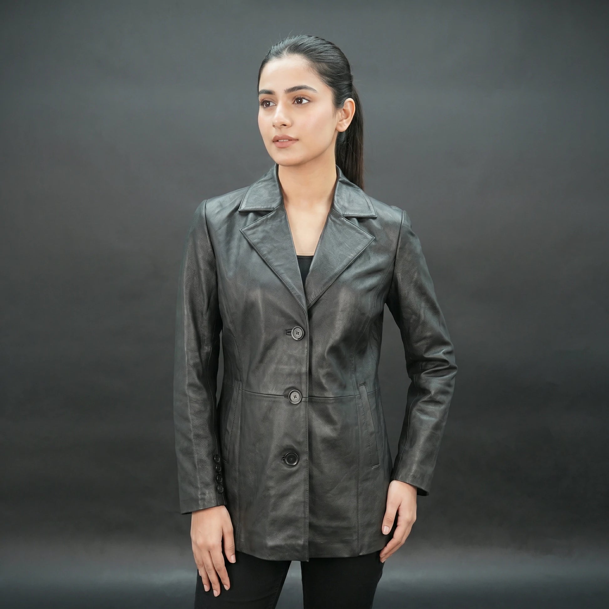 Men black leather blazer with notch lapel and three-button closure