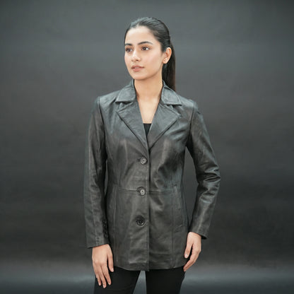 Men black leather blazer with notch lapel and three-button closure