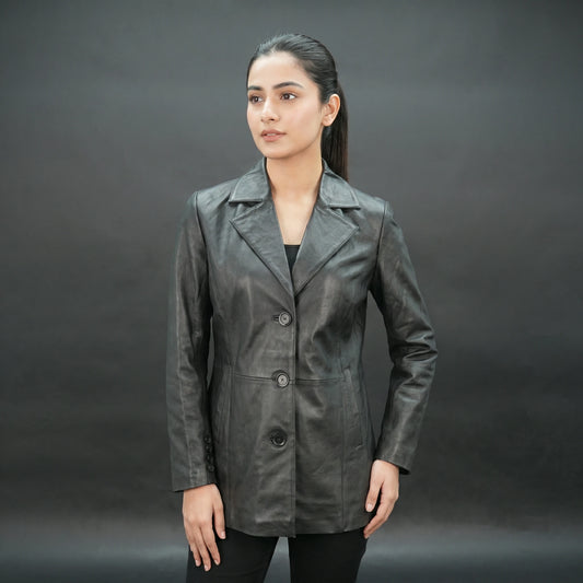 Men black leather blazer with notch lapel and three-button closure