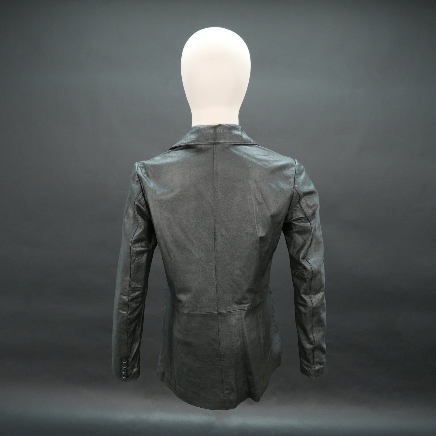 Men black leather blazer with notch lapel and three-button closure