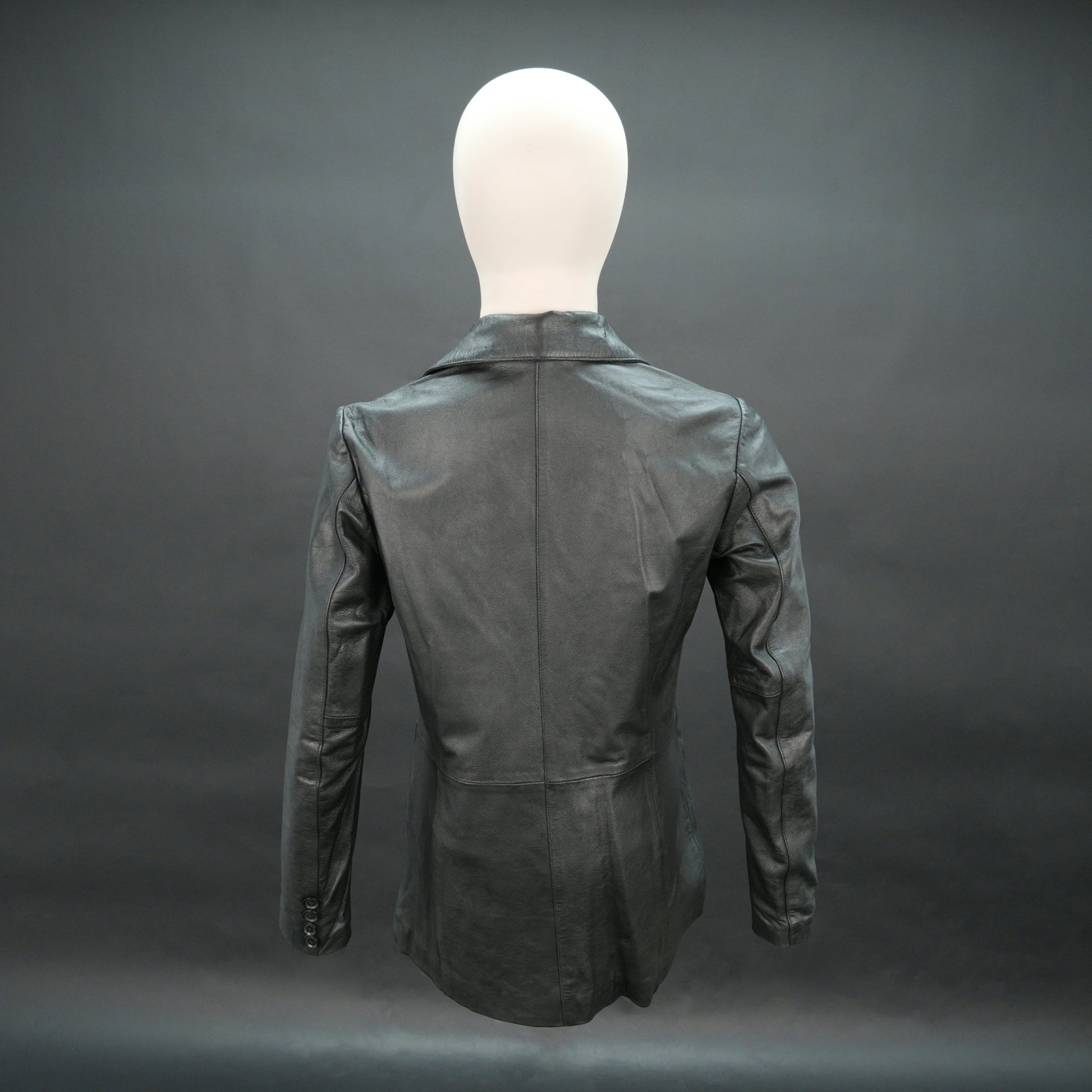 Men black leather blazer with notch lapel and three-button closure