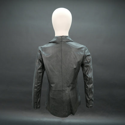 Men black leather blazer with notch lapel and three-button closure