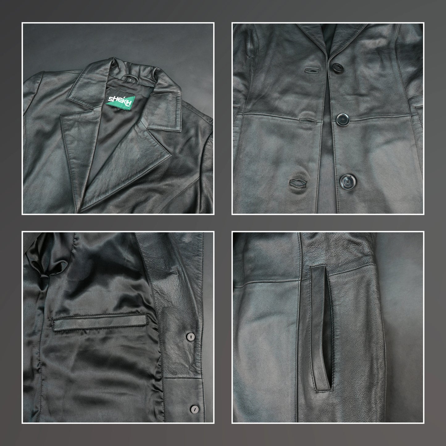 Men black leather blazer with notch lapel and three-button closure