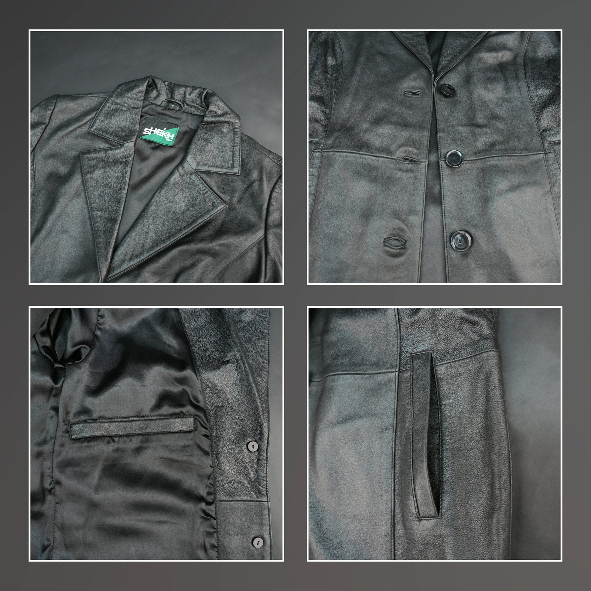 Men black leather blazer with notch lapel and three-button closure