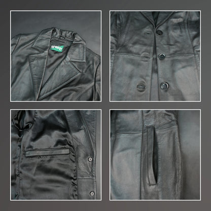 Men black leather blazer with notch lapel and three-button closure
