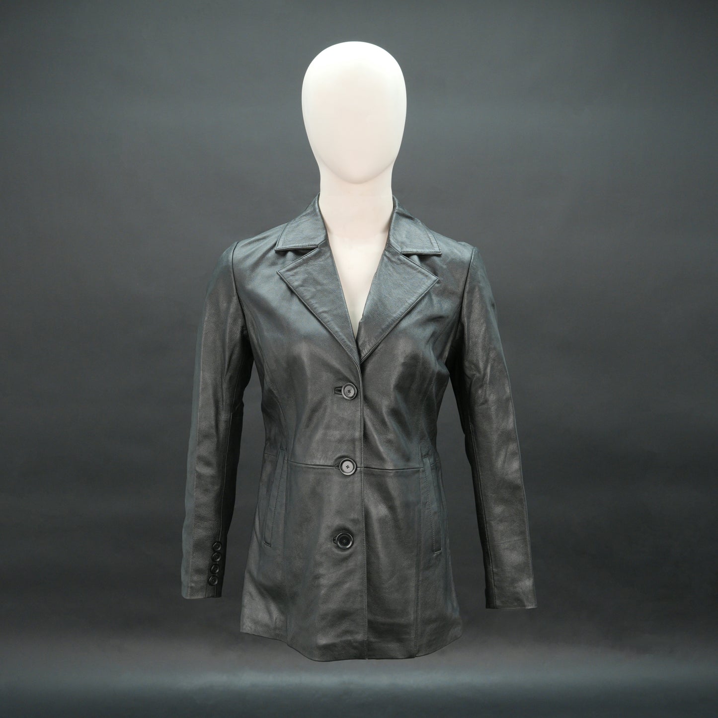 Men black leather blazer with notch lapel and three-button closure
