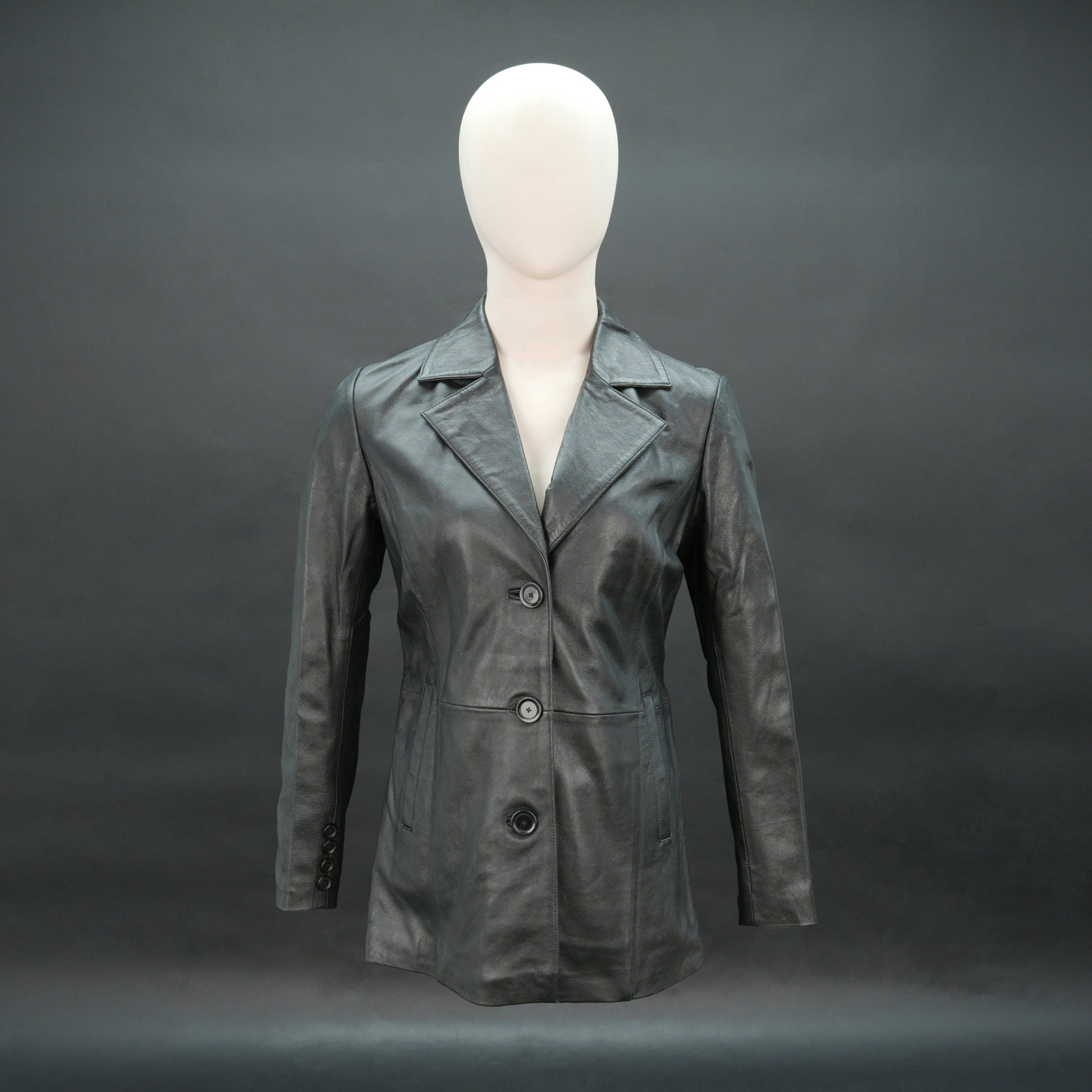 Men black leather blazer with notch lapel and three-button closure