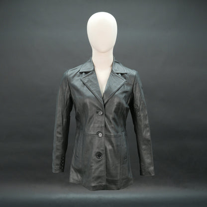 Men black leather blazer with notch lapel and three-button closure
