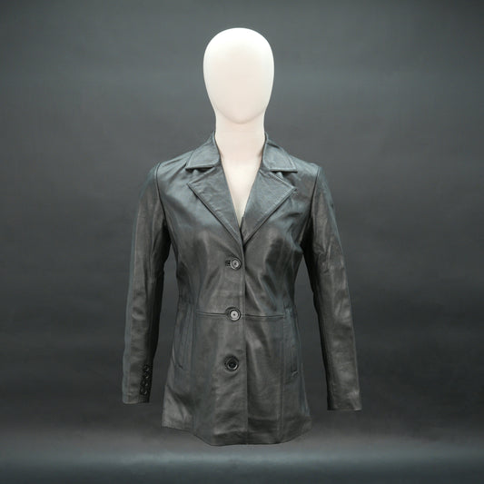 Men black leather blazer with notch lapel and three-button closure