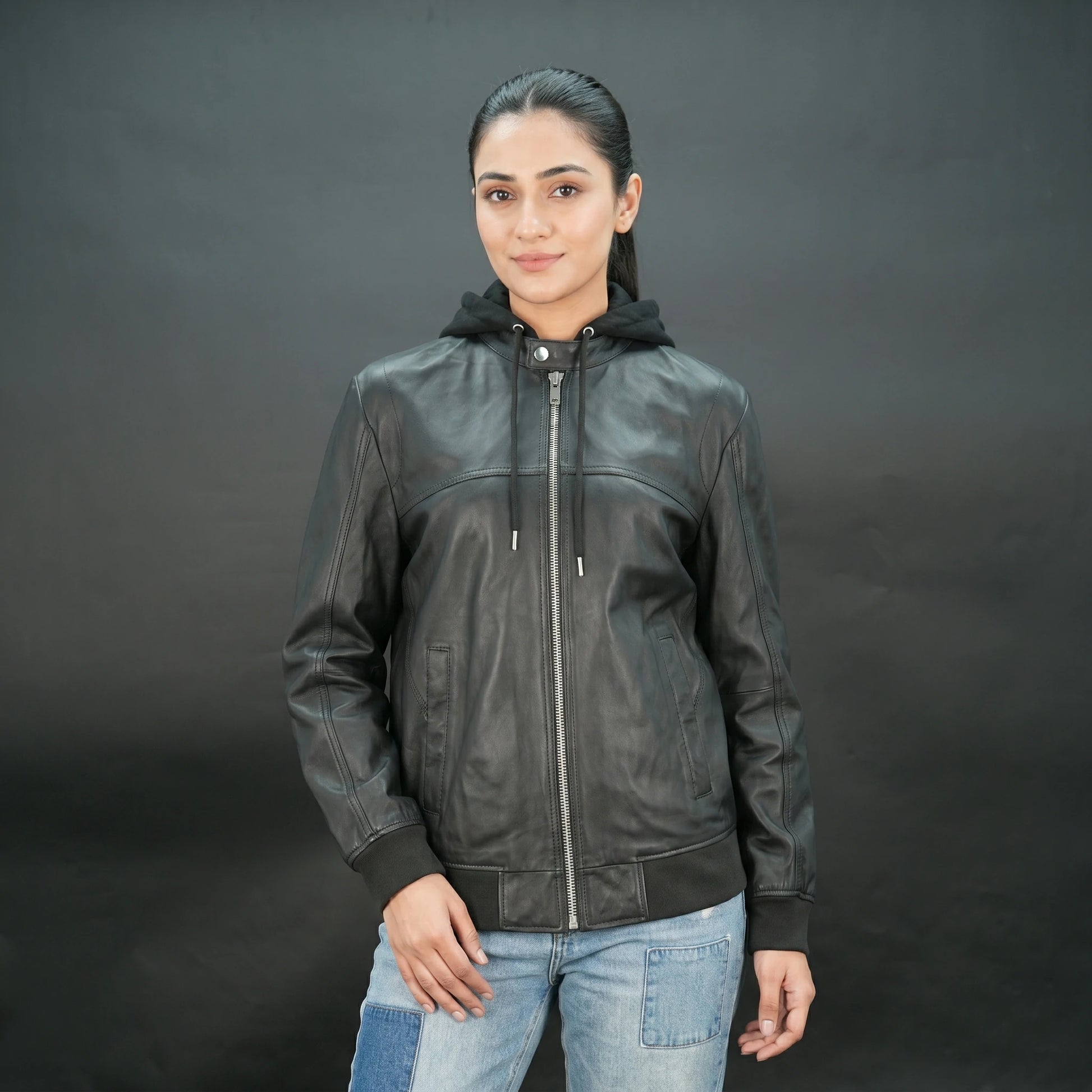 Women's Black Leather Bomber Jacket with Hood - Zip-Up Hooded Moto Jacket #Desiderio #LeatherJacket #BomberJacket #WomensFashion #MotoJacket