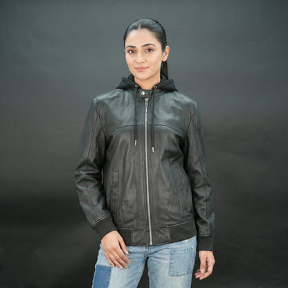 Women's Black Leather Bomber Jacket with Hood - Zip-Up Hooded Moto Jacket #Desiderio #LeatherJacket #BomberJacket #WomensFashion #MotoJacket