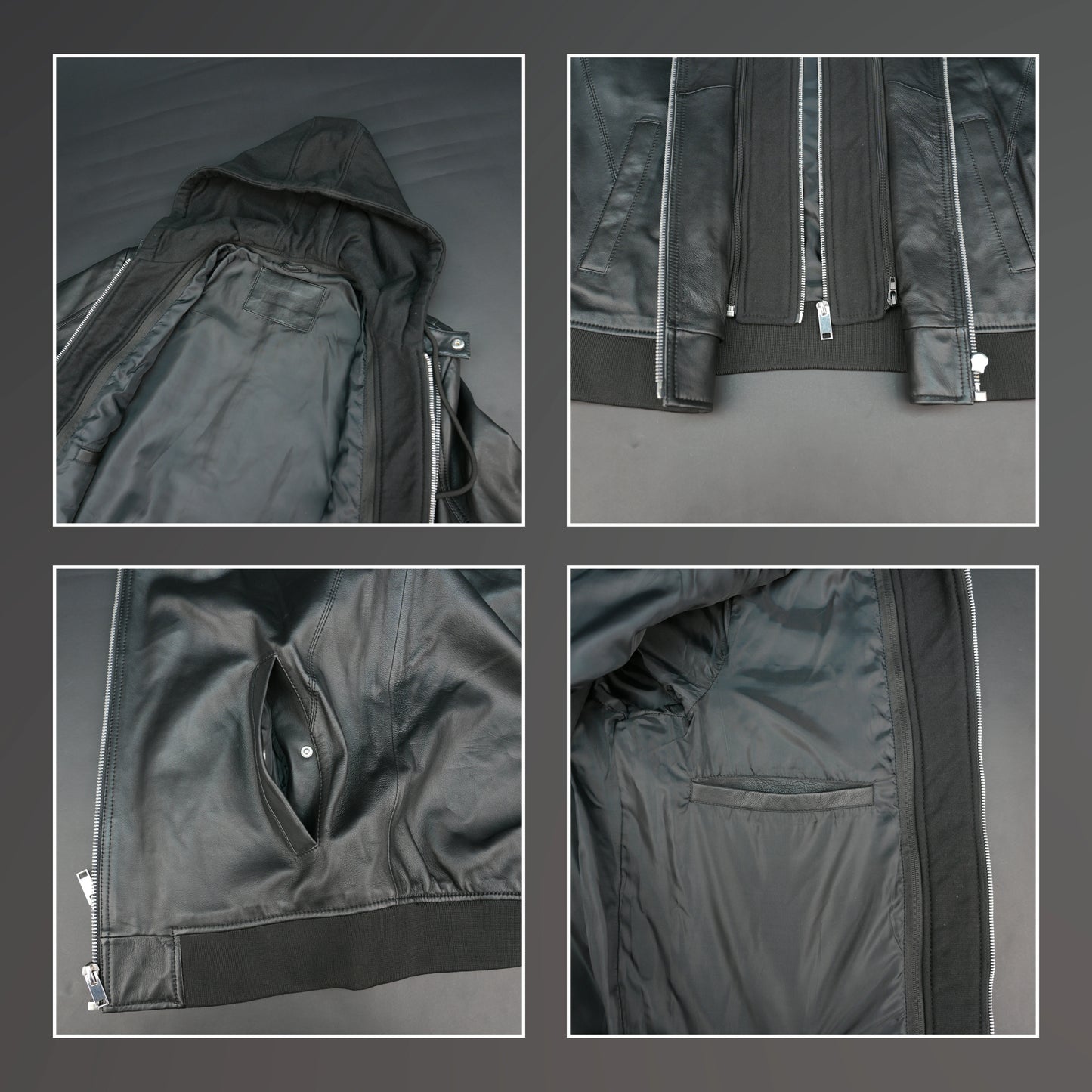 Women's Black Leather Bomber Jacket with Hood - Zip-Up Hooded Moto Jacket #Desiderio #LeatherJacket #BomberJacket #WomensFashion #MotoJacket
