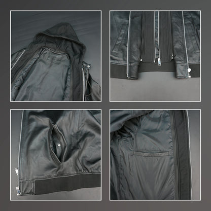 Women's Black Leather Bomber Jacket with Hood - Zip-Up Hooded Moto Jacket #Desiderio #LeatherJacket #BomberJacket #WomensFashion #MotoJacket