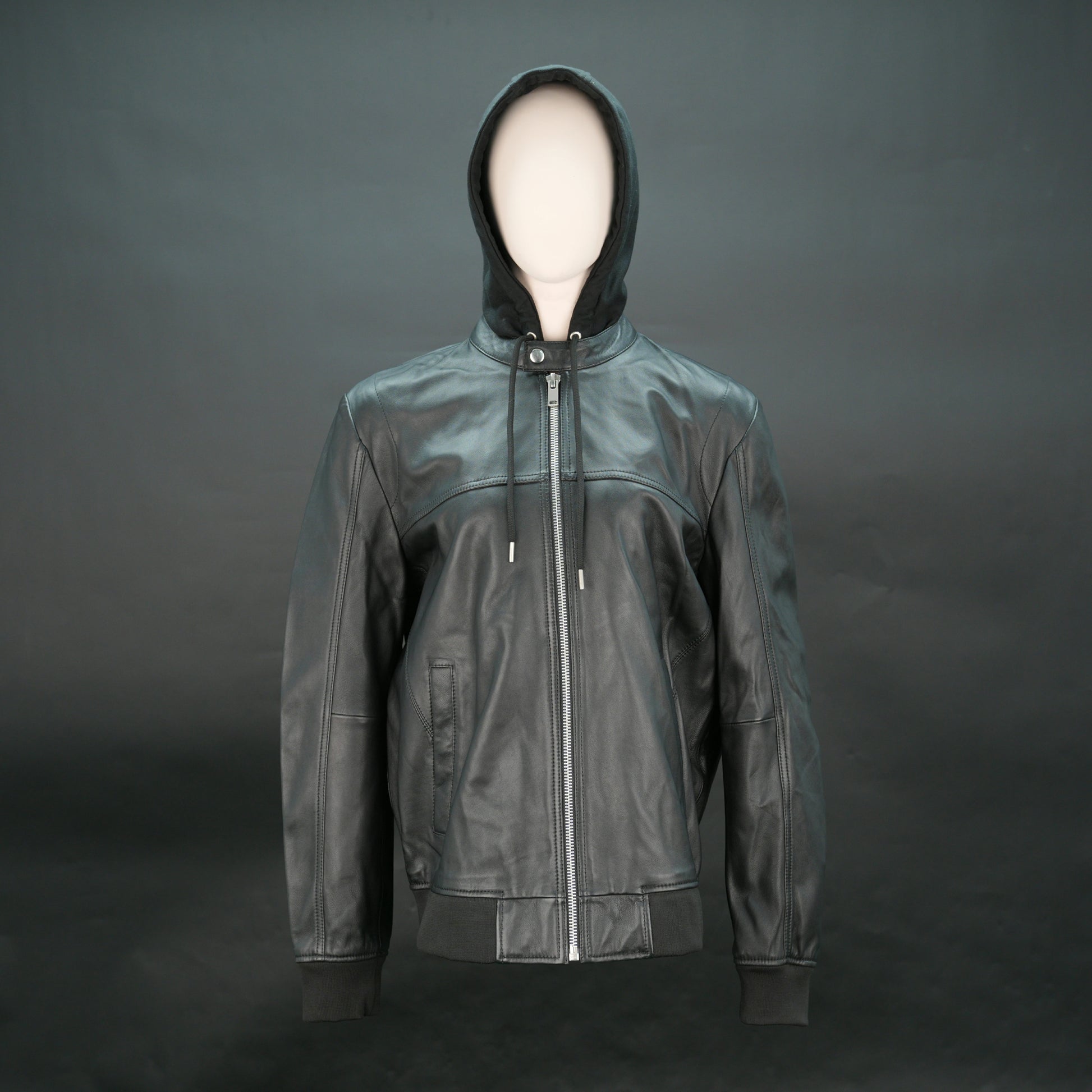 Women's Black Leather Bomber Jacket with Hood - Zip-Up Hooded Moto Jacket #Desiderio #LeatherJacket #BomberJacket #WomensFashion #MotoJacket