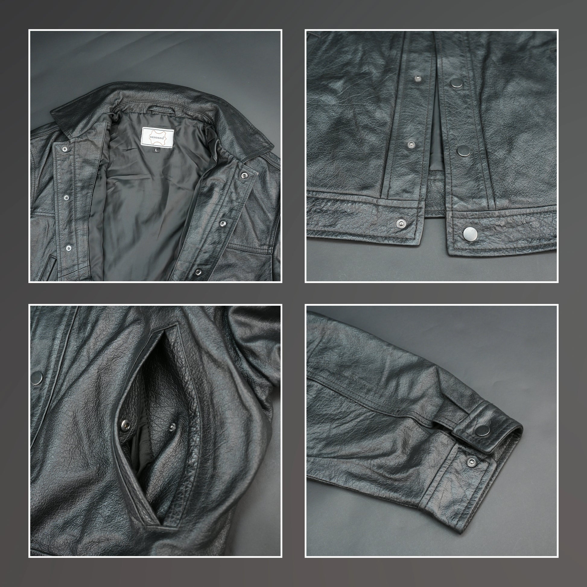 Women black leather trucker jacket with shirt collar and button closure