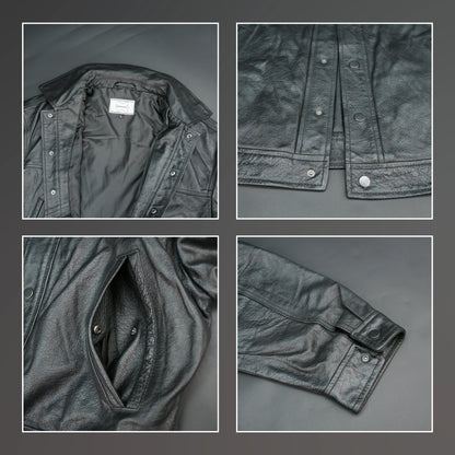 Women black leather trucker jacket with shirt collar and button closure