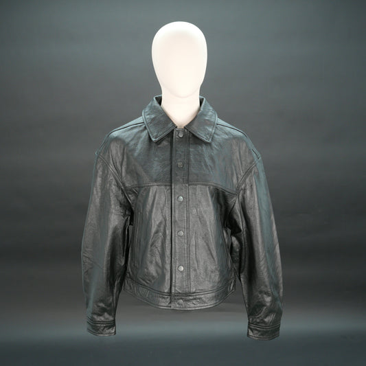 Women black leather trucker jacket with shirt collar and button closure