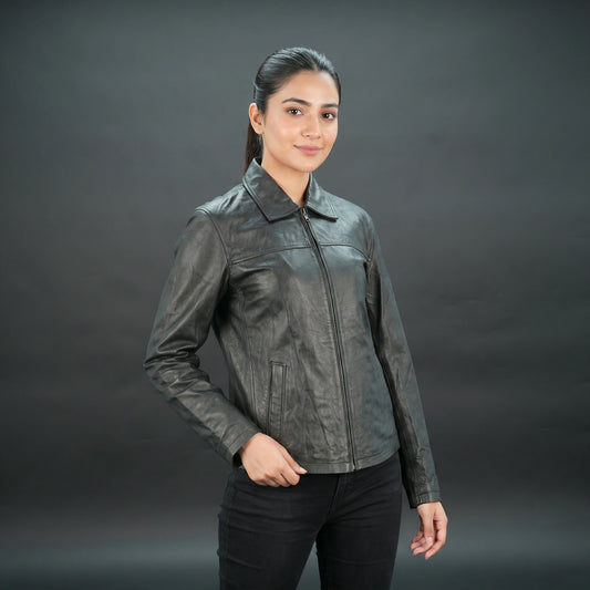 Black leather jacket with stand-up collar, zip closure, and slim fit.