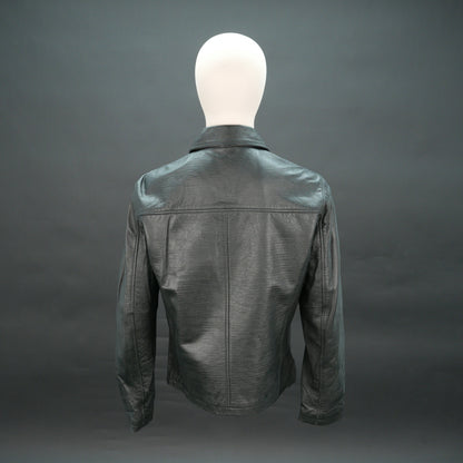 Black leather jacket with stand-up collar, zip closure, and slim fit.