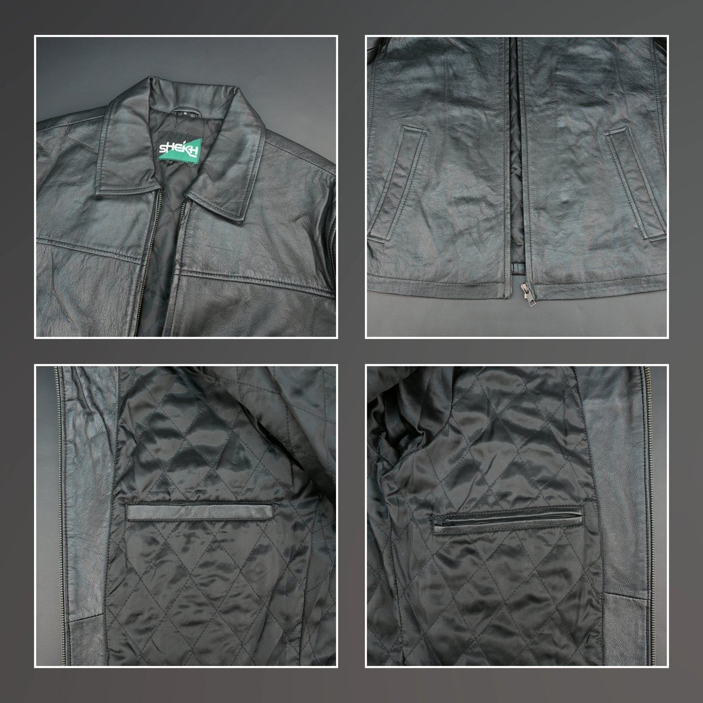 Black leather jacket with stand-up collar, zip closure, and slim fit.