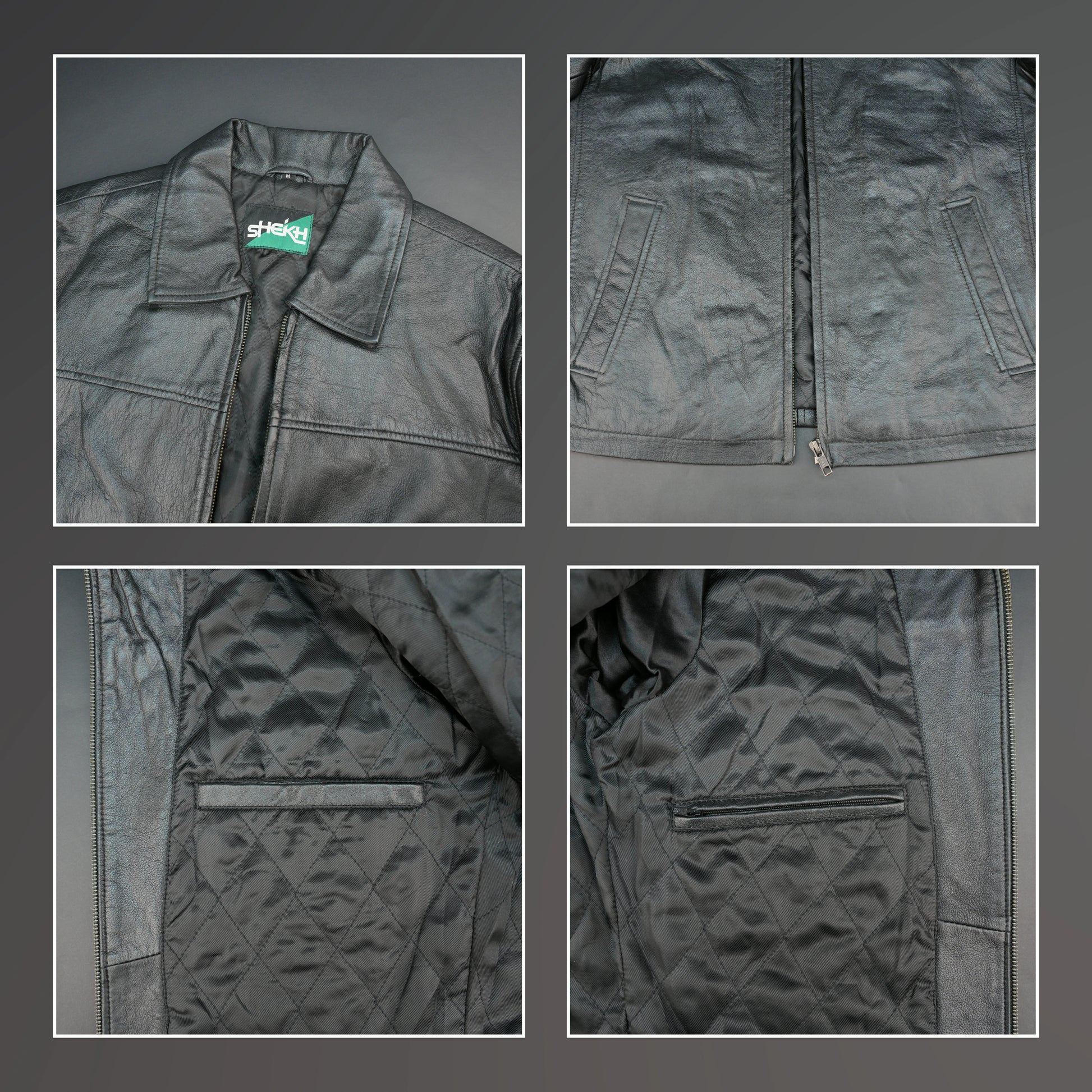 Black leather jacket with stand-up collar, zip closure, and slim fit.
