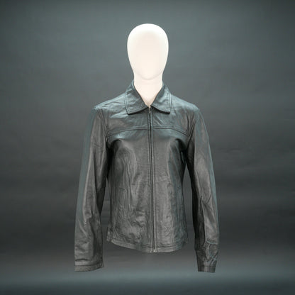 Black leather jacket with stand-up collar, zip closure, and slim fit.