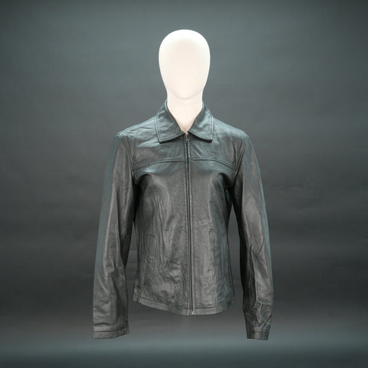 Black leather jacket with stand-up collar, zip closure, and slim fit.