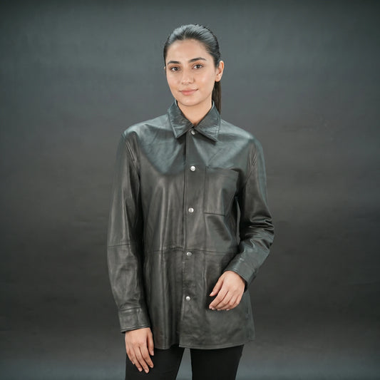 Women's Black Leather Shirt Jacket - Button Up Collared Leather Shacket
#Desiderio #LeatherShacket #WomensLeatherJacket #FashionOuterwear #StyleWear