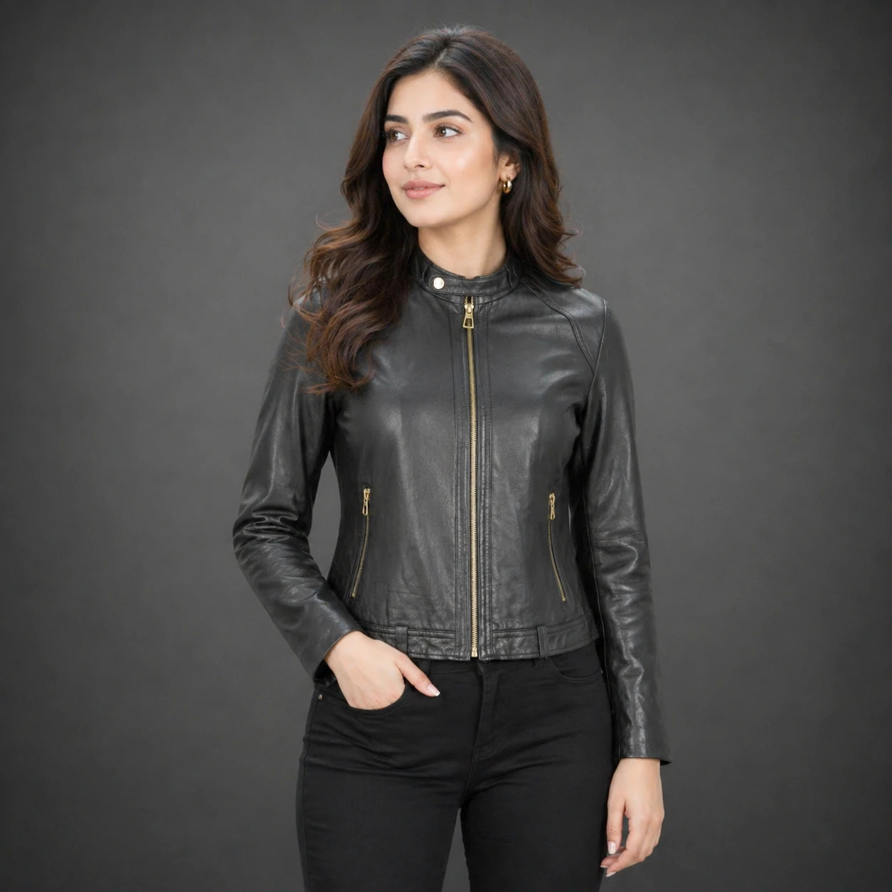 Women black biker leather jacket with gold zip pockets and tailored fit