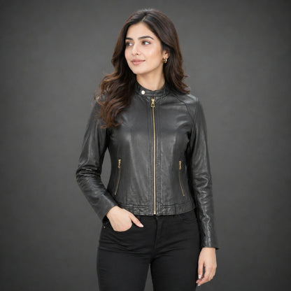 Women black biker leather jacket with gold zip pockets and tailored fit