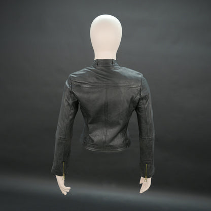 Women black biker leather jacket with gold zip pockets and tailored fit