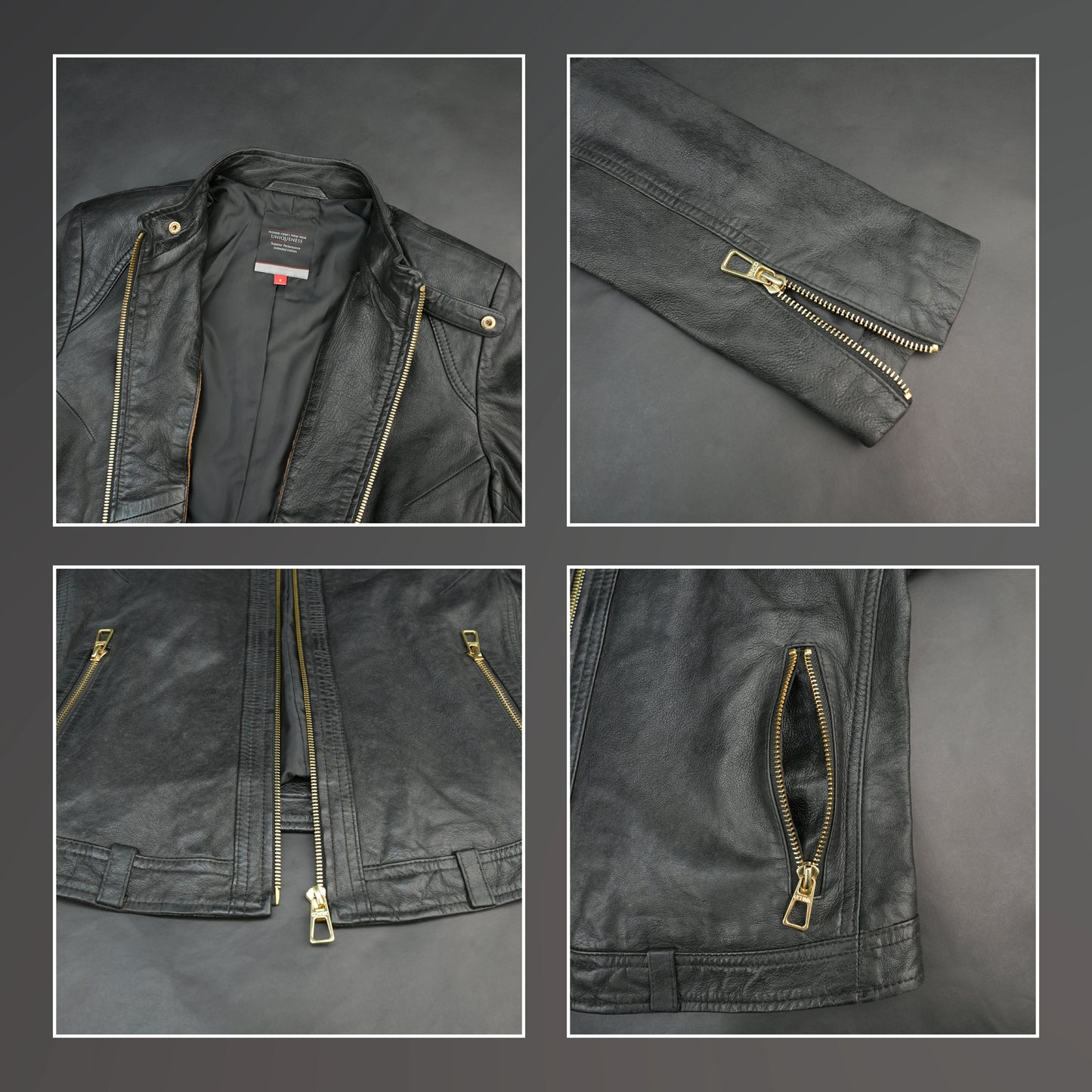 Women black biker leather jacket with gold zip pockets and tailored fit