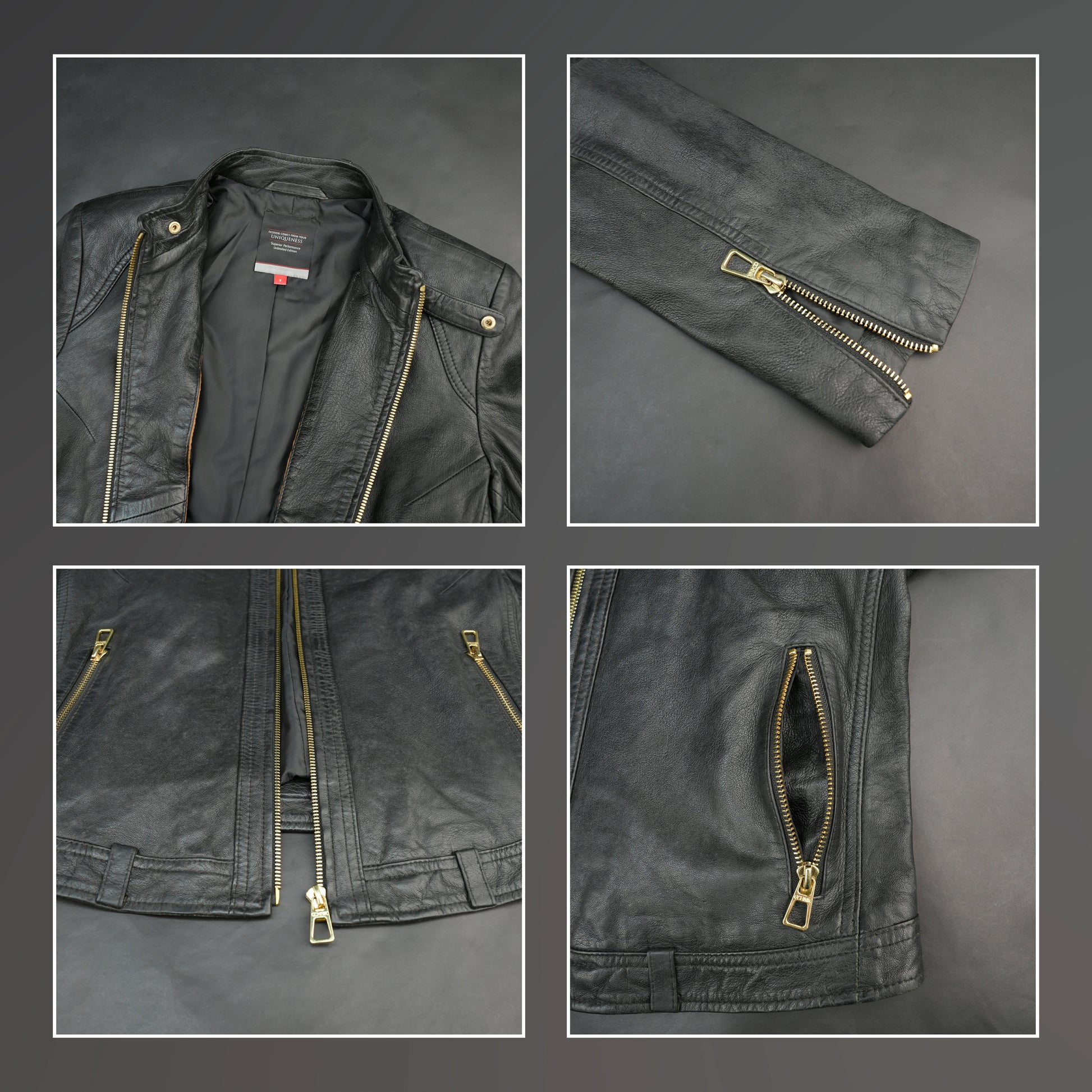 Women black biker leather jacket with gold zip pockets and tailored fit