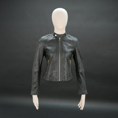 Women black biker leather jacket with gold zip pockets and tailored fit