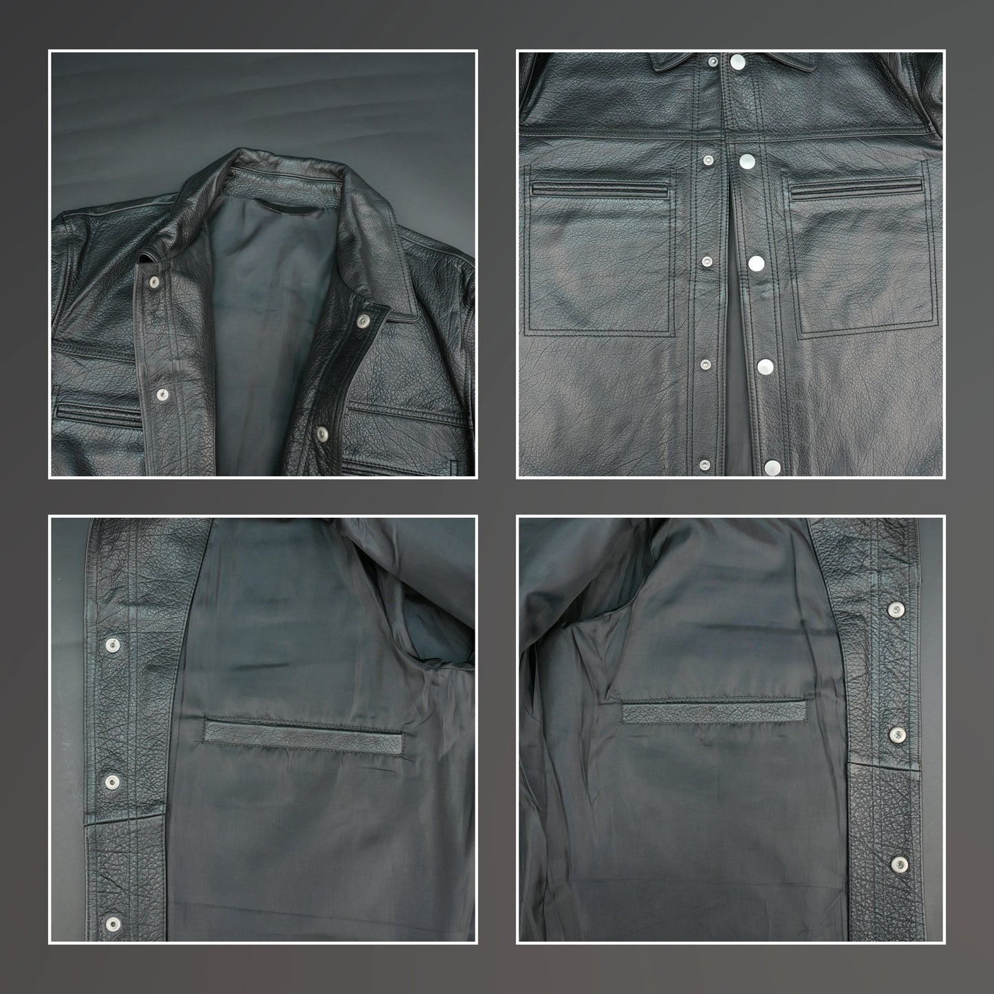 Black leather jacket with spread collar, button closure, and relaxed fit.