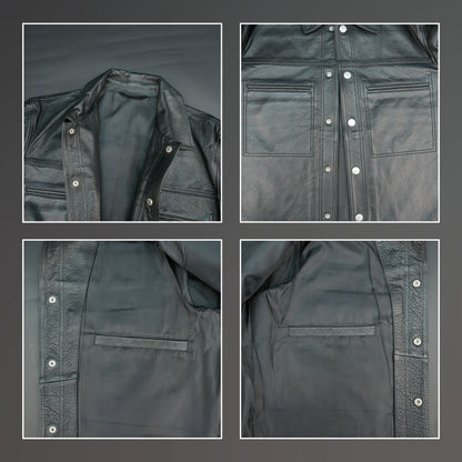 Black leather jacket with spread collar, button closure, and relaxed fit.