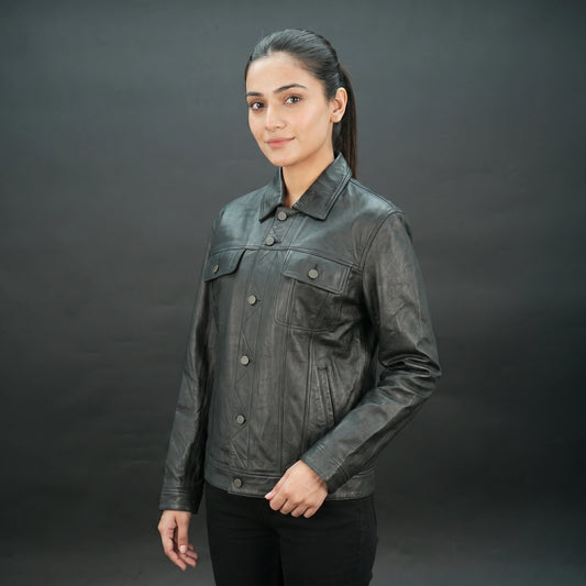 Women's Black Leather Trucker Jacket - Button Up Collared Leather Shacket #Desiderio #LeatherJacket #TruckerJacket #WomensFashion #LeatherShacket