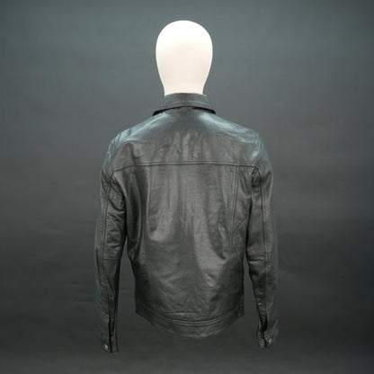 Women's Black Leather Trucker Jacket - Button Up Collared Leather Shacket #Desiderio #LeatherJacket #TruckerJacket #WomensFashion #LeatherShacket