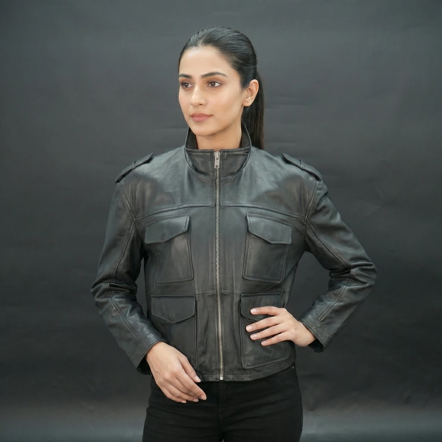 Men black leather utility biker jacket with flap pockets and stand collar