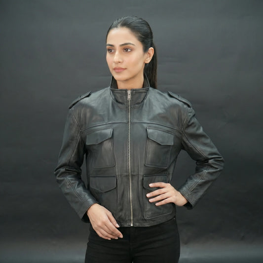 Men black leather utility biker jacket with flap pockets and stand collar