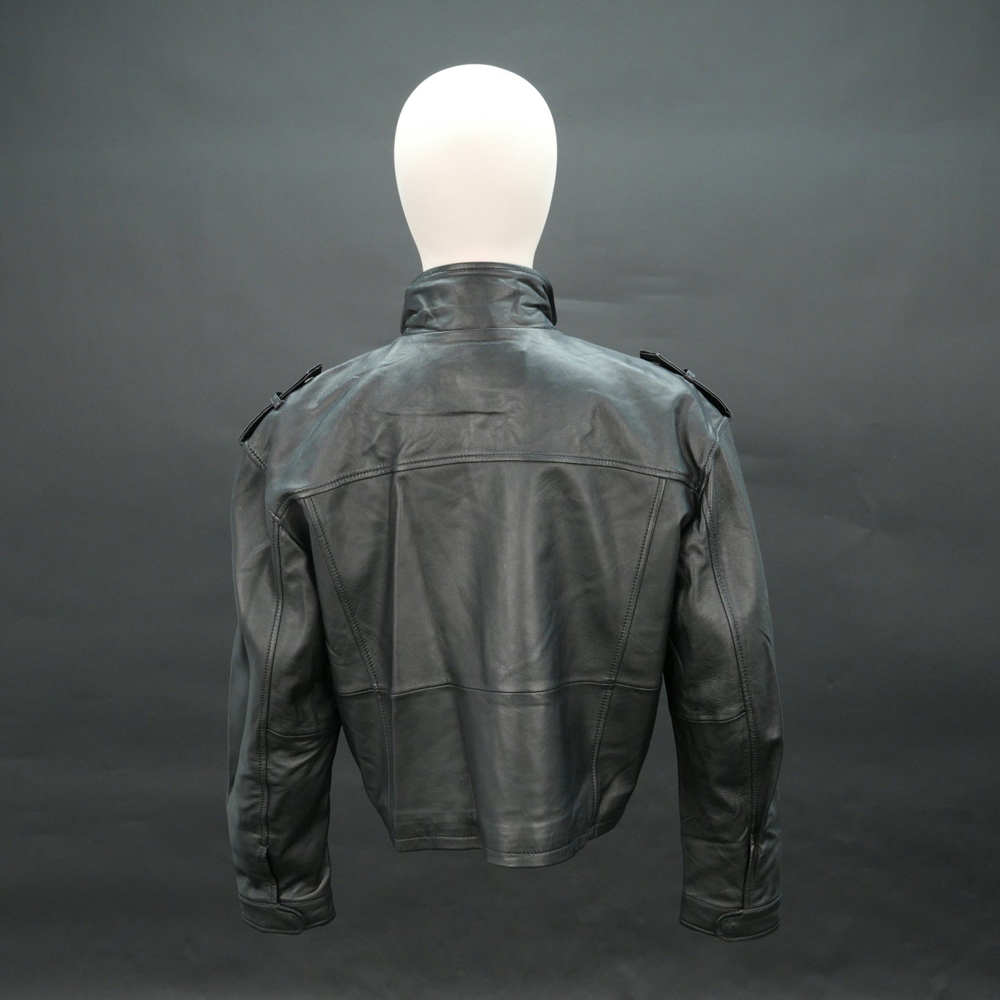 Men black leather utility biker jacket with flap pockets and stand collar