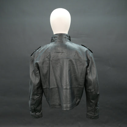 Men black leather utility biker jacket with flap pockets and stand collar