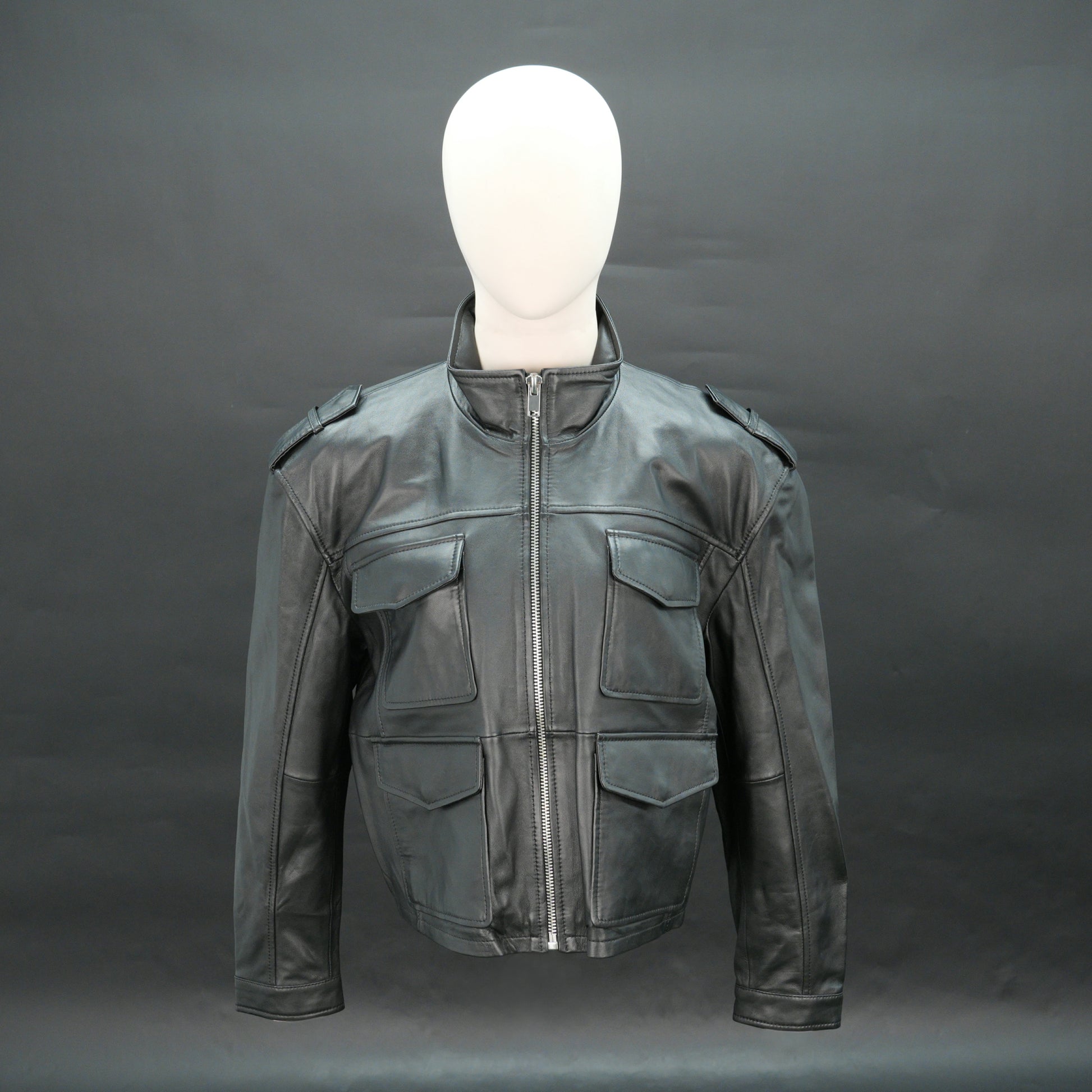 Men black leather utility biker jacket with flap pockets and stand collar