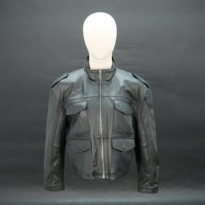 Men black leather utility biker jacket with flap pockets and stand collar