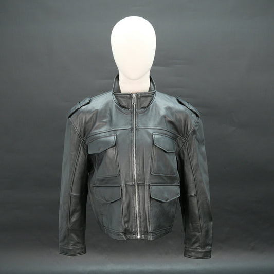 Men black leather utility biker jacket with flap pockets and stand collar