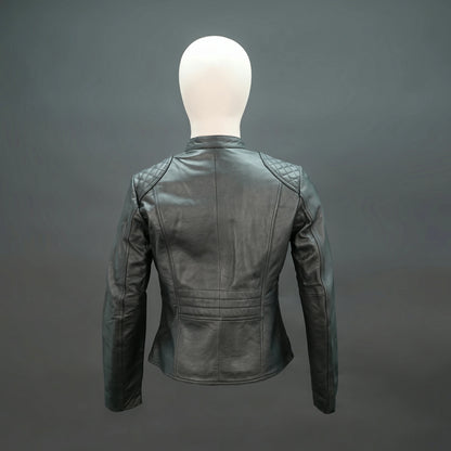 Black lambskin leather biker jacket with quilted shoulders.