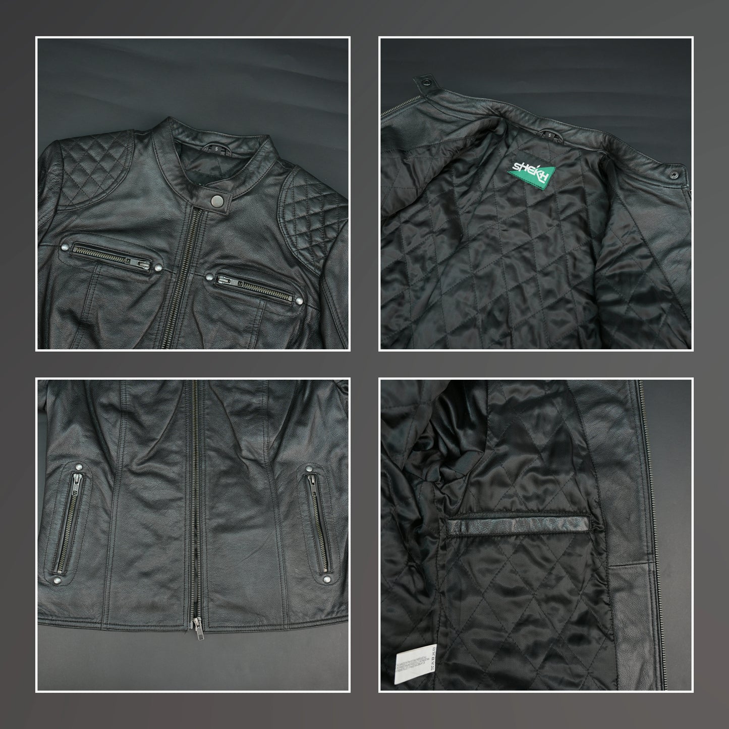 Black lambskin leather biker jacket with quilted shoulders.